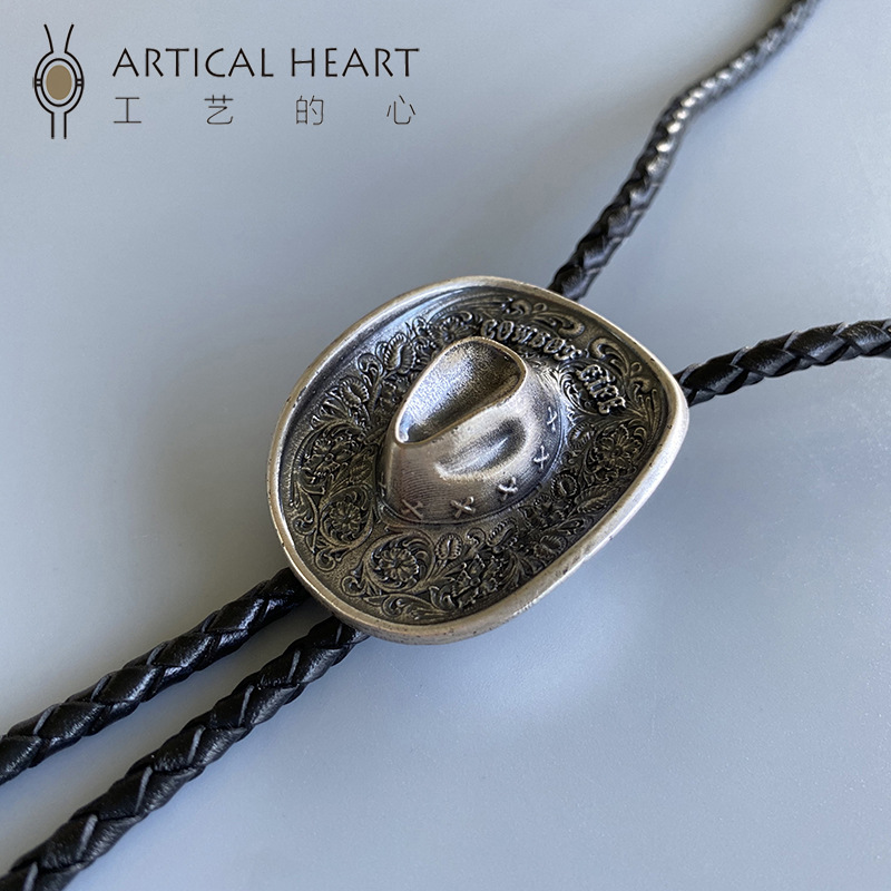 Cappello placcato in argento antico autentico, classico stile western da cowboy, cravatta Bolo_voghion.com