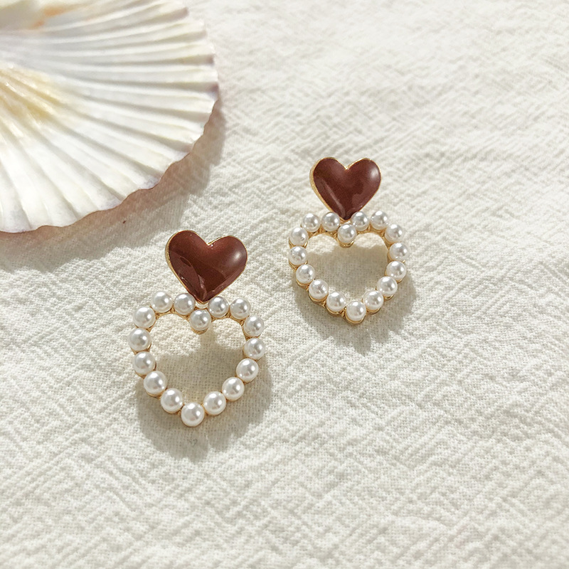 S925 Silver Needle Korean Hollow Love Pearl Sweet Drop Nectarine Heart Stud Earrings Wholesale display picture 5