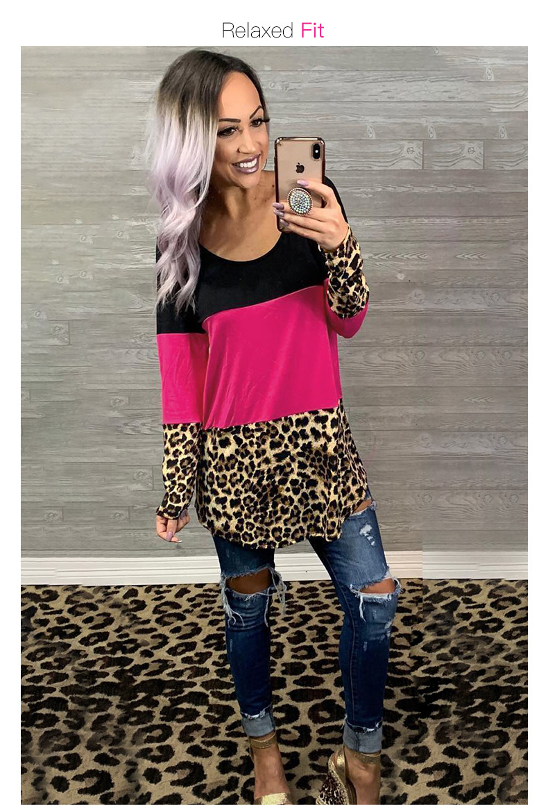 Camiseta de manga larga con estampado de leopardo y costuras de encaje estilo callejero con cuello redondo para mujer NSSI2471