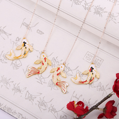 Koi lotus leaf metal bookmark Chinese style lotus carp children's bookmark learning stationery pendant ancient style bookmark