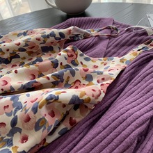 【油画感桃花朵朵】垂坠雪纺复古碎花女秋新吊带裙长裙雪纺连衣裙