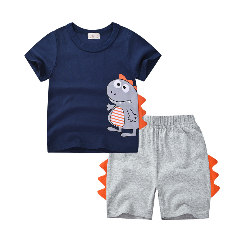 Ser ropa superior para niños 2024 Nueva ropa de verano de estilo coreano dinosaurio tridimensional traje de niño conjunto de dos piezas para niños entrega de distribución