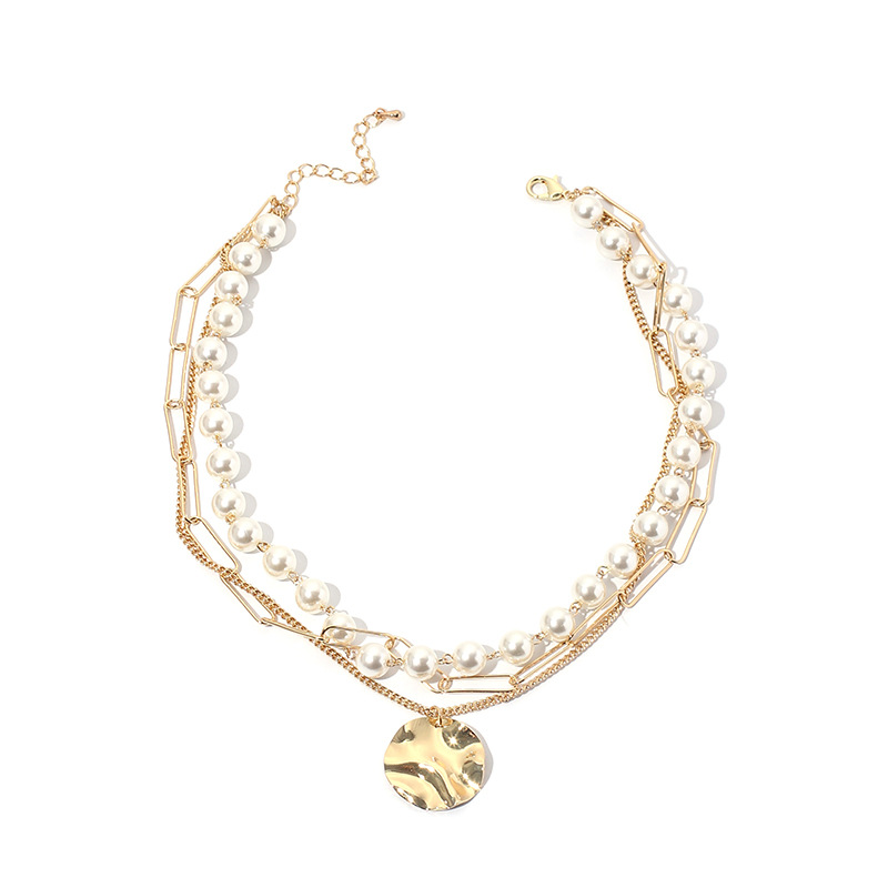 38g Weight Necklace Classification Wedding, Travel Occasion Women'S Gender Fashion Style Gold Color Fashion Multi-layer Pearl Disc Necklace Simple Fashion Short Clavicle Necklace 6