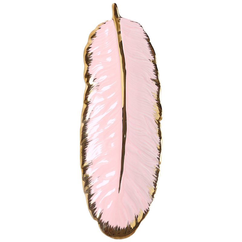 Nórdico dorado borde placa de cerámica Luz de lujo oscuro verde pluma plato plátano hoja de aperitivo plato de joyería plato postre sushi