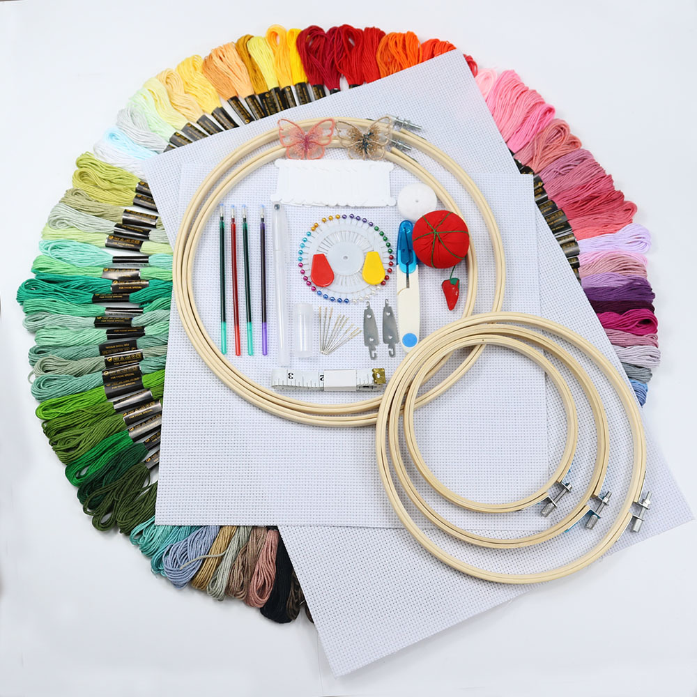 5 Bamboo Embroidery Rings, Russian Embroidery, 100-color Embroidery Floss, Embroidery Fabric Accessory Tools, Cross-stitch Hoop Set