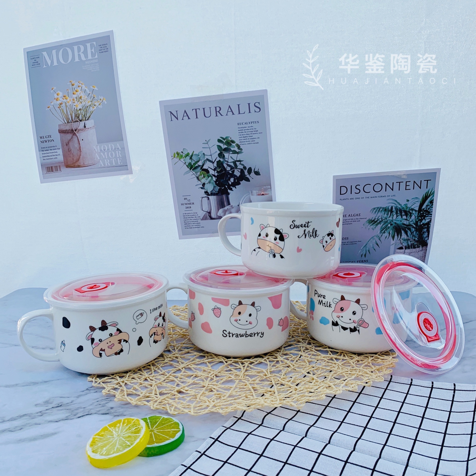 Tazón de cerámica personalizado de estilo japonés con asa, tazón para fideos instantáneos con tapa, lonchera para sopa de fideos, tazón para conservar alimentos frescos, estilo nórdico para uso doméstico.