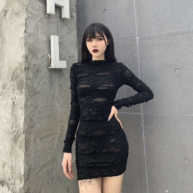 Dark Style Long-Sleeved Slim Ripped Dress NSGYB99095