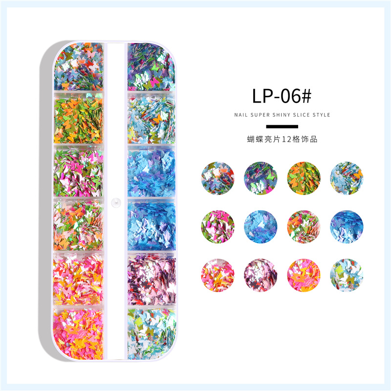 Amazon Venta caliente uñas mariposa lentejuelas 12 rejilla tira caja uñas lentejuelas mariposa color redondo uñas joyería