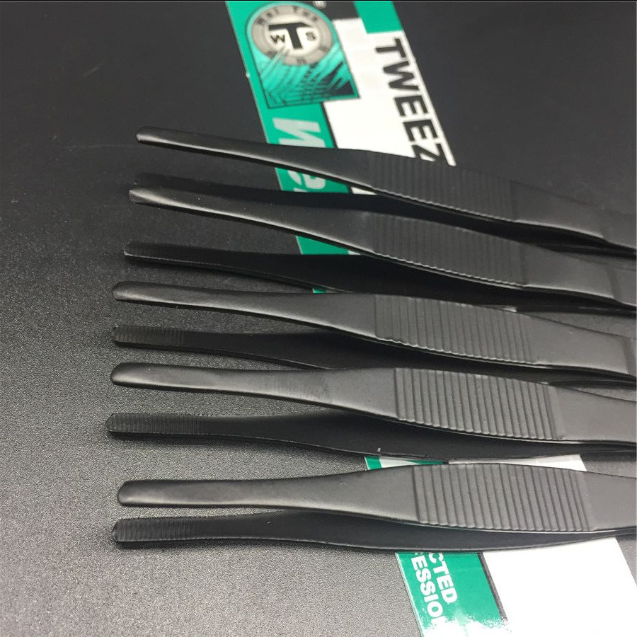不锈钢镊子ESD带牙条纹防滑圆头镊子12.5cm维修工具夹子厂家批发
