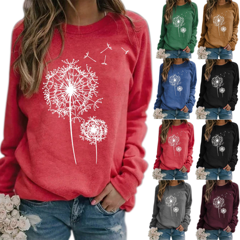 2020 AliExpress WISH European and American autumn and winter New Dandelion printed round neck long sleeve casual loose sweater