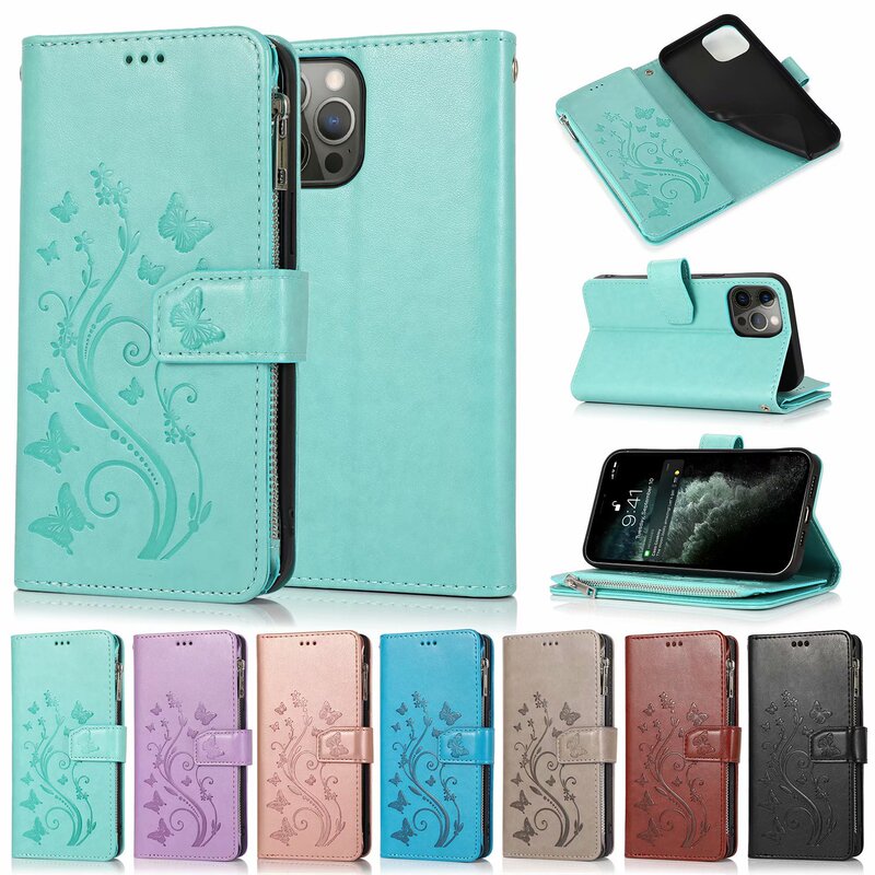 For IPHONE12 MINI 11 PRO MAX XR XS 876 S20 butterfly multi-card zipper leather case For IPHONE12 MINI 11 PRO MAX XR XS 876 S20 butterfly multi-card zipper leather case