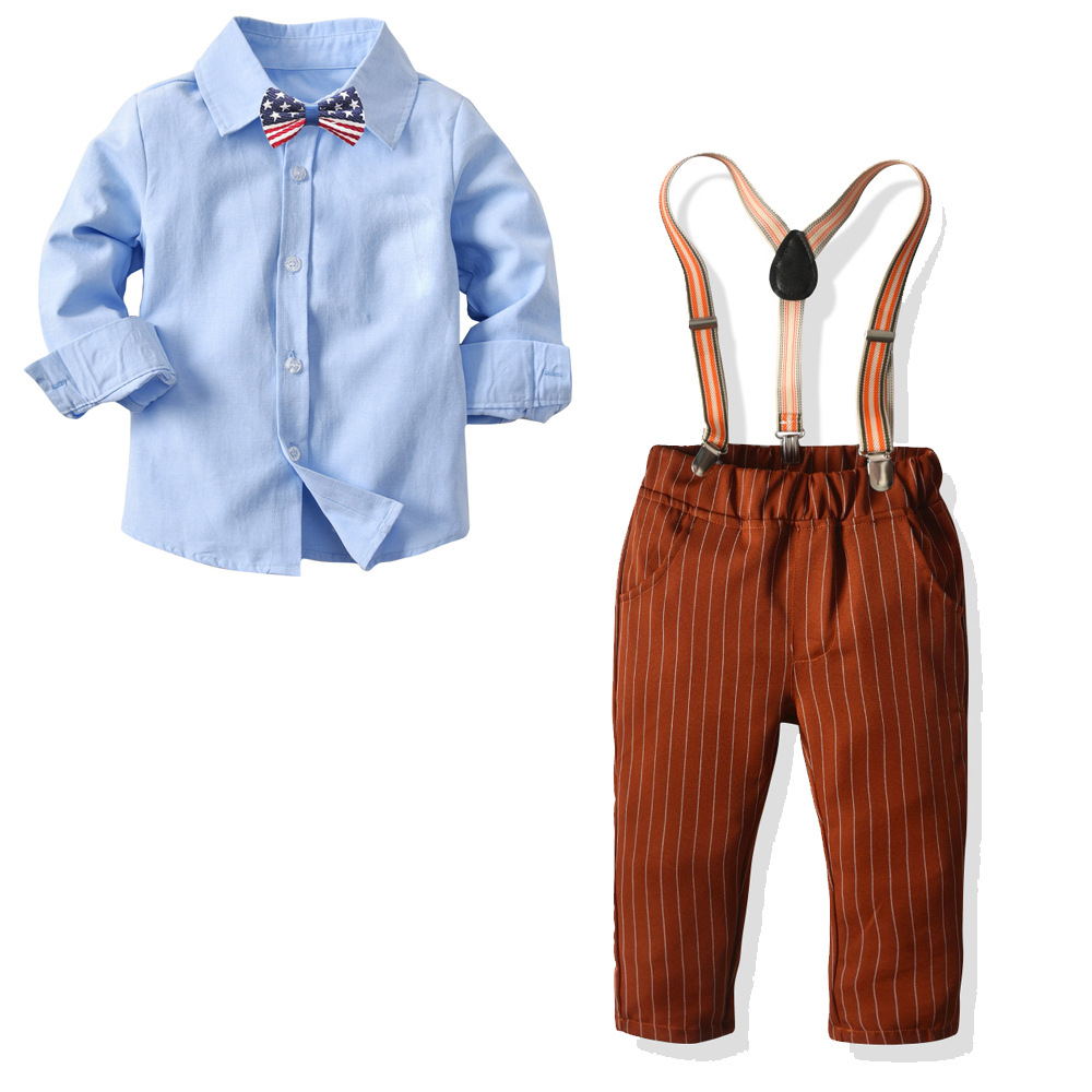 New Style Solid Color Shirt Striped Suspenders  Trousers Suit display picture 12