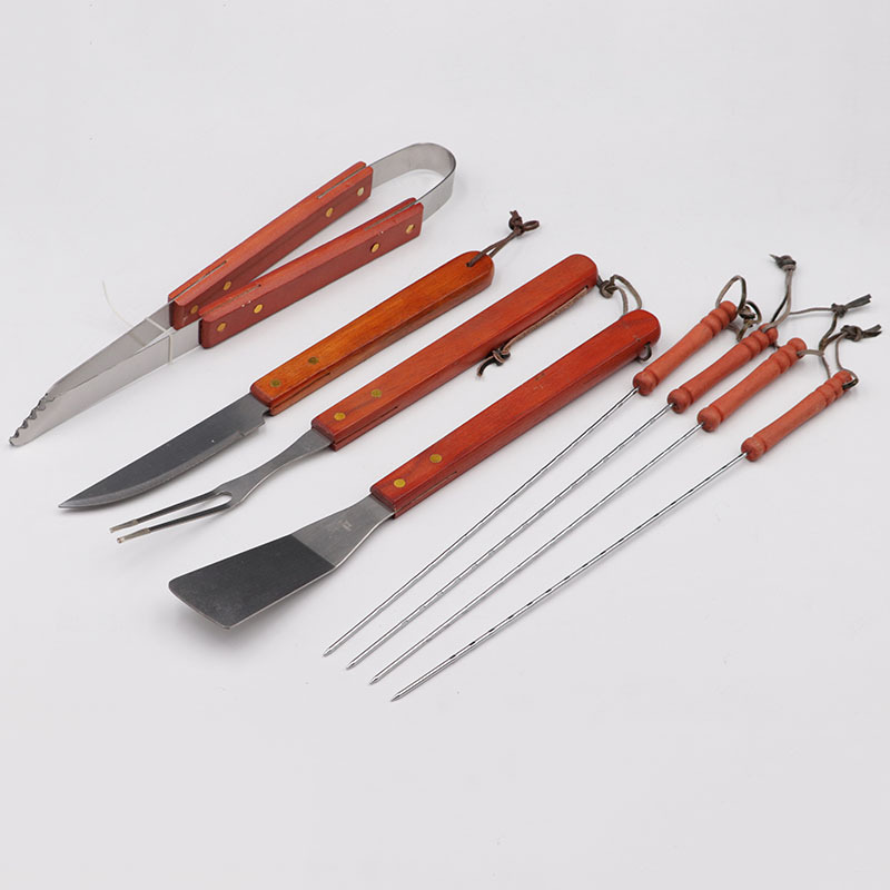 Profesional de acero inoxidable para hornear set 8-piece hogar aparato portátil al aire libre mango de madera bolsa de tela herramienta de barbacoa Accesorios