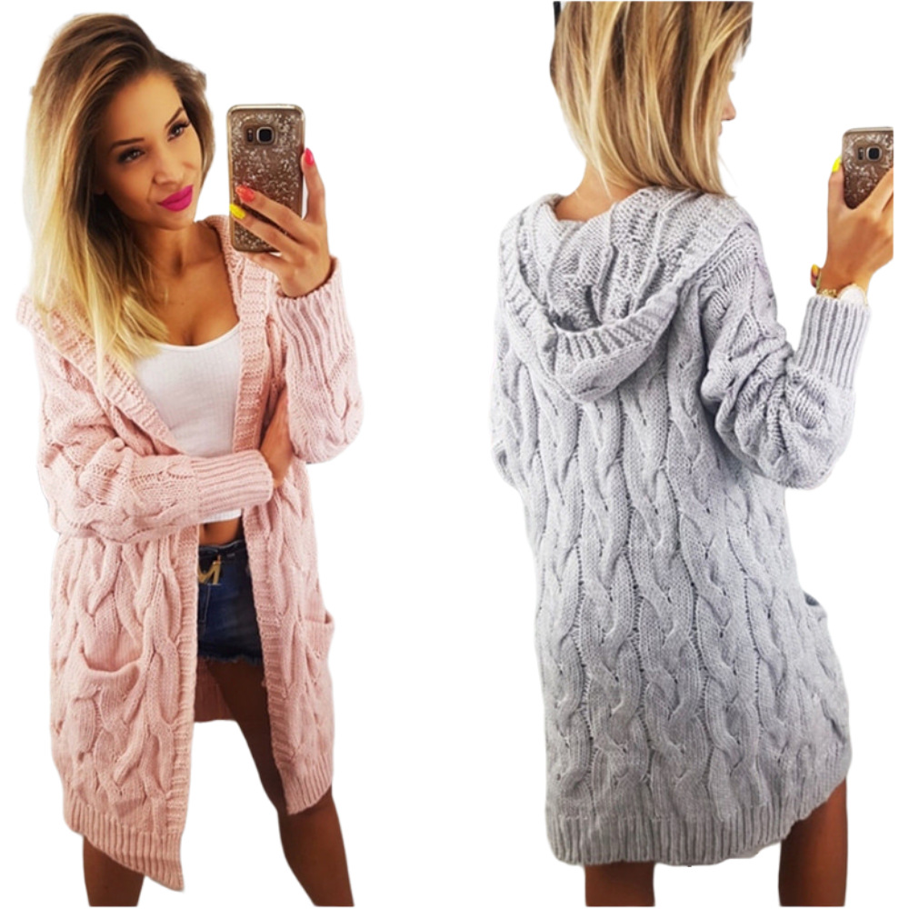 Dames gebreide twist capuchon trui jas_voghion.com
