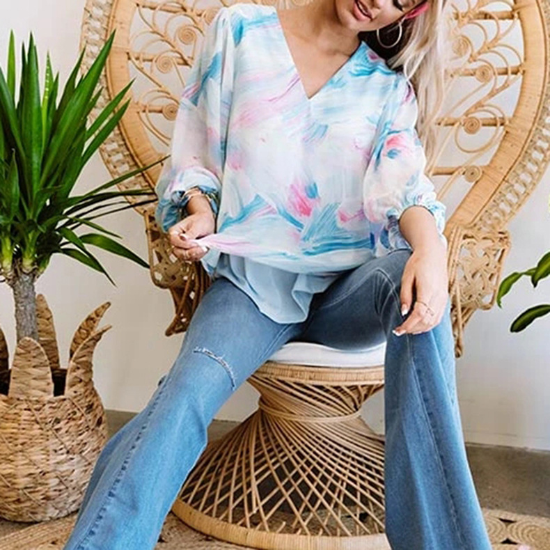 new autumn and winter V-neck long-sleeved printing loose chiffon shirt  NSZH28705