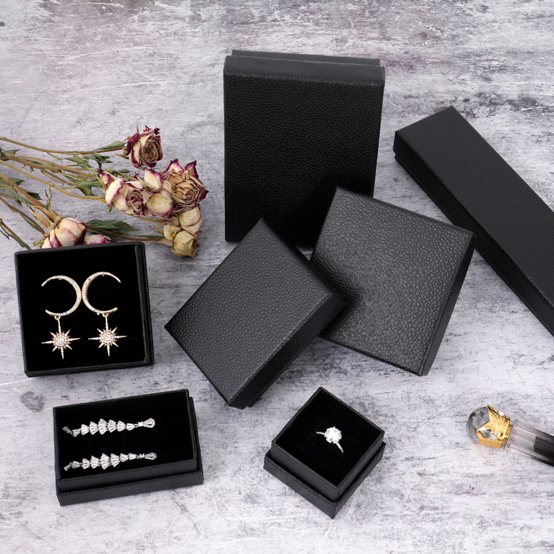 Black Pearl Pattern Gift Box Necklace Jewelry Box Imitation Leather Paper Ring Box Necklace Bracelet Box Factory Spot