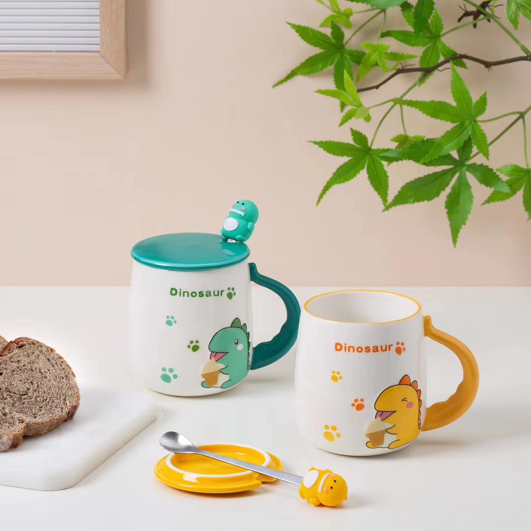 Creativo INS lindo personalidad dinosaurio Taza de cerámica con tapa cuchara regalo taza Oficina bebida taza