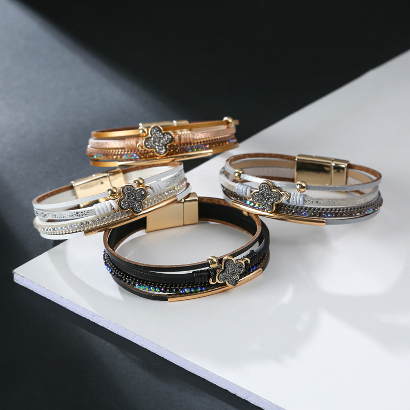 1 Piece Retro Four Leaf Clover Pu Leather Alloy Handmade Rhinestones Womenu0027S Bangle