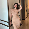 Strapless low chest slim fit pleated hip skirt with bottom skirt long sleeve dress