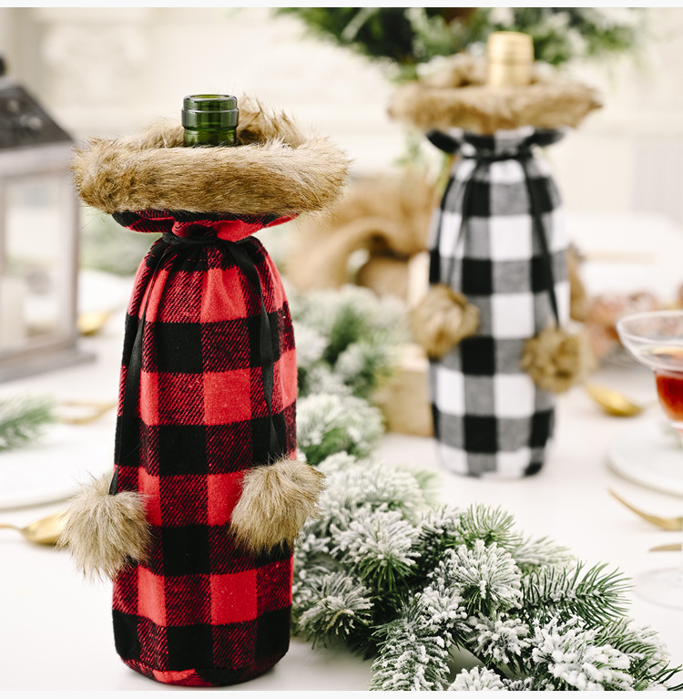 60g Weight Christmas Festival Haobei Christmas Festive Supplies Pompon Plaid Bottle Cover Creative New Red And Black Wine Bottle Bag Wine Gift Box Wine Cover 6