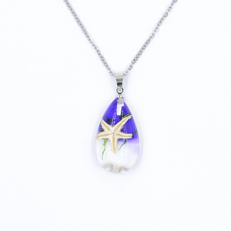Women's Gender Epoxy Design Creative Handmade Resin Starfish Shell Water Drop Stainless Steel Necklace Women's Jewelry Student Travel Necklace