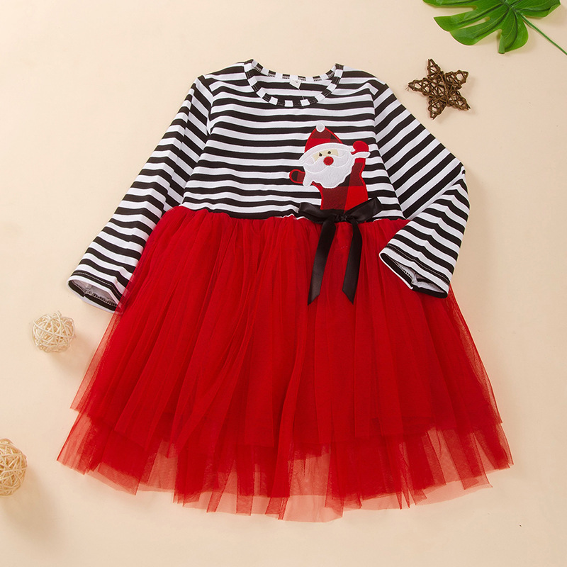 清货特价圣诞女童欧美长袖动物图案条纹拼接中小童洋气网纱裙跨境