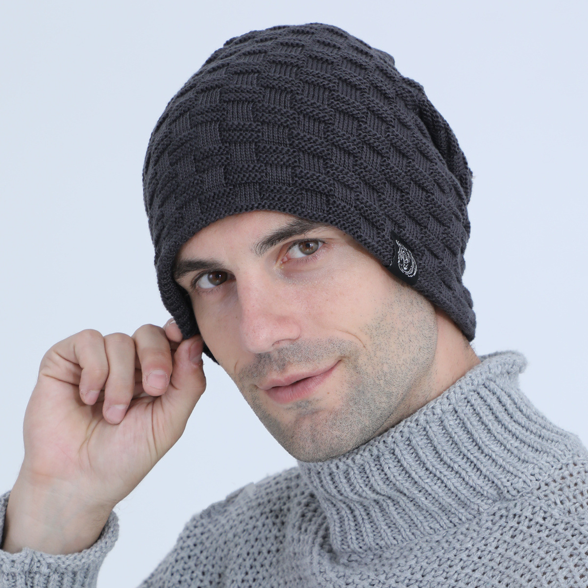 New men's knitted pullover with plush fabric logo for autumn and winter, personalized outdoor cycling sweater warm hat_voghion.com