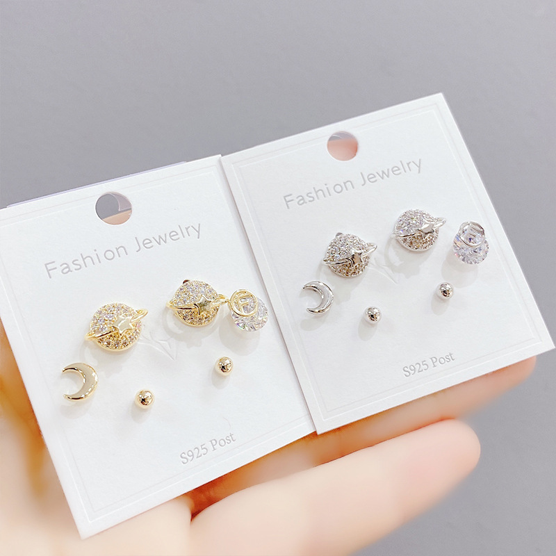 Sucré Star Lune Le Cuivre Boucles D'oreilles Incruster Zircon Boucles D'oreilles En Cuivre 3 Paires display picture 1