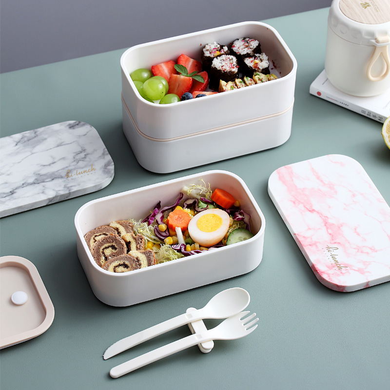 INS双层塑料分隔饭盒带餐具便携可微波午餐盒大容量学生便当盒