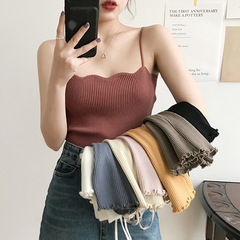 Korean-style chic basic solid wave spaghetti strap solid knit vest for women 2021 summer sleeveless base top