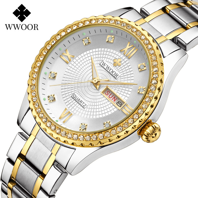 WWOOR Holding Love nueva pareja casual reloj de cuarzo para hombre calendario impermeable rhinestone reloj de moda para mujer 8856