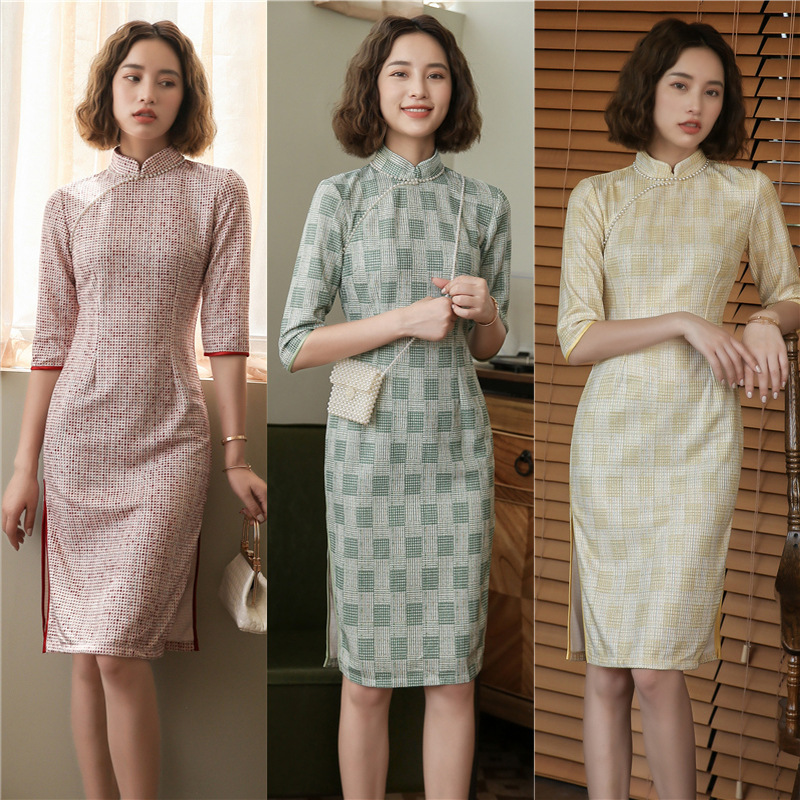 Women chinese dress oriental qipao dresses photos shooting miss etiquette Knitted Plaid cheongsam dress