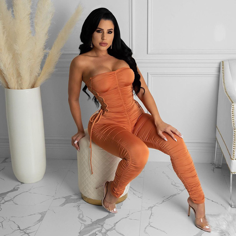 pleated halter lace-up tube top jumpsuit NSMX25365