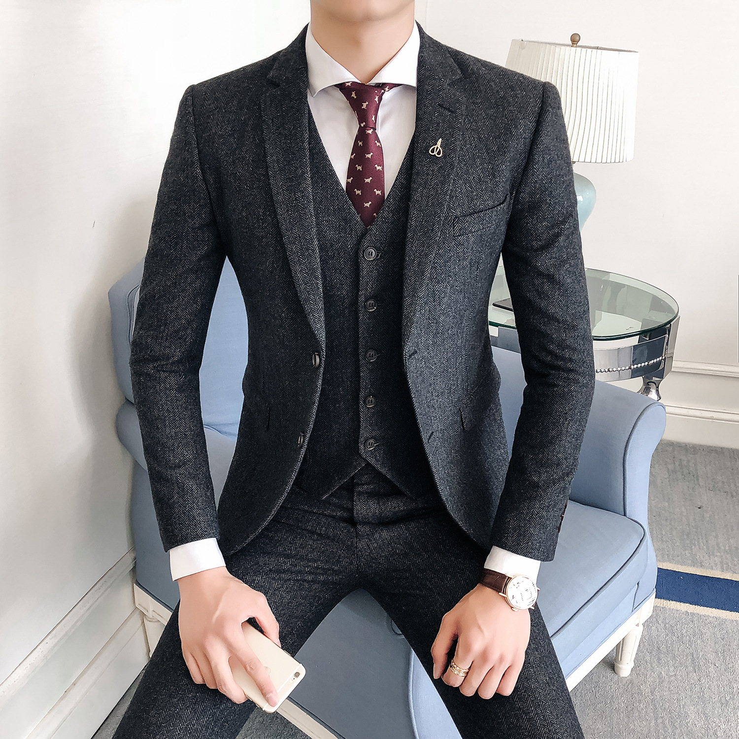 Men's Suit British Slim Fit Wool Herringbone Oblique One-Button Suit Three-Piece Suit Men's Suit Trousers Vest