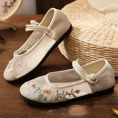 Chinese hanfu fairy shoes for women hemp flat shoes round head buckle breathable women's shoes national embroidered shoes