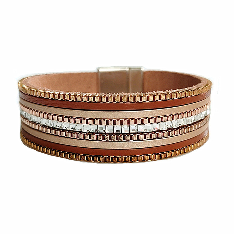 2071416w Europäische Und Amerikanische Mode Legierung Armband Weibliches Temperament Einfache Retro Persönlichkeit Diamant Pu Leder Armband Schmuck display picture 3