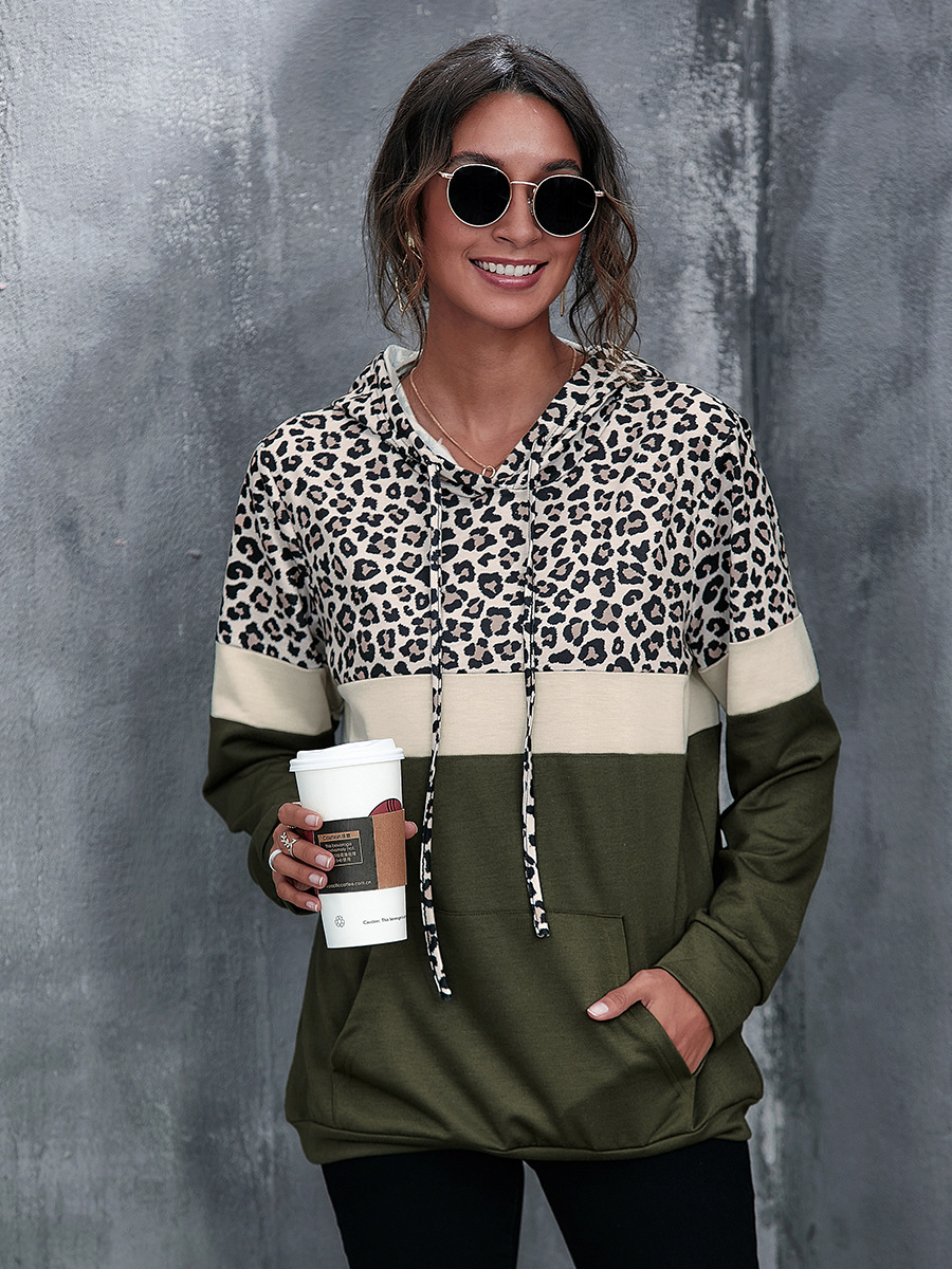 new hot-selling long-sleeved sweater leopard pattern stitching hooded top wholesale NSAL6718