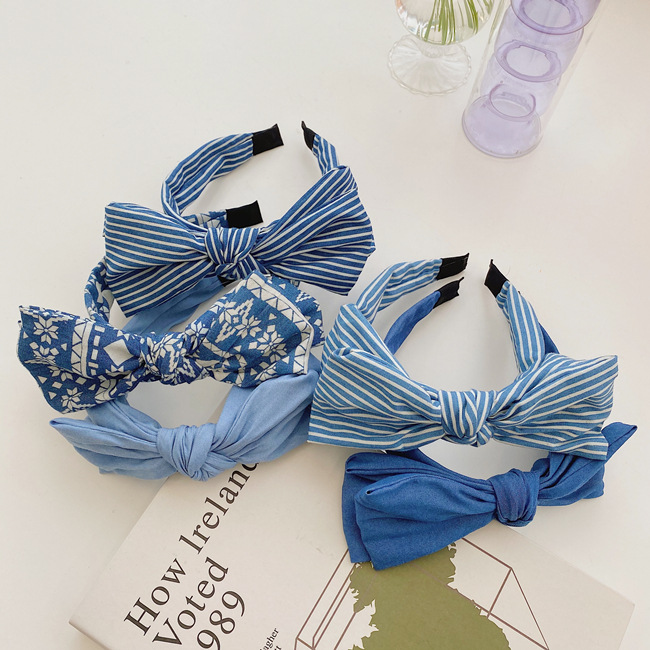 Korean Simple Double-layer Bow-knot Denim  Striped Floral Wide-brim Headband Wholesale Nihaojewelry display picture 1