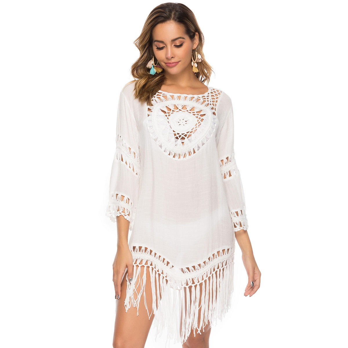 Solid Color Stitching Tassel Loose Beach Sunscreen Blouse NSOY26736