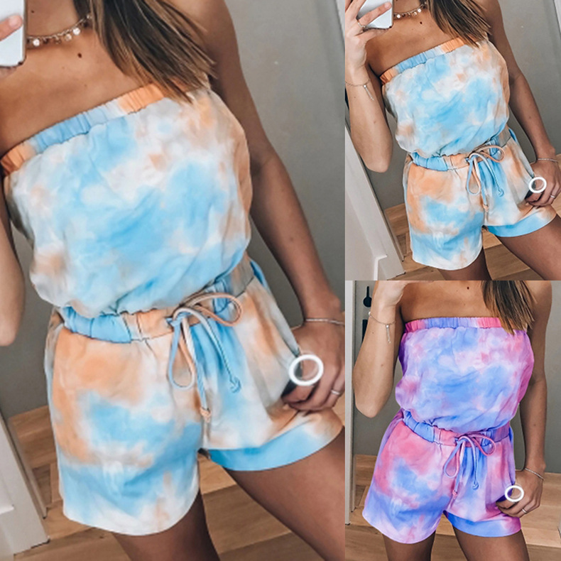 tie-dye printed chest wrap shorts suit  NSKX8447