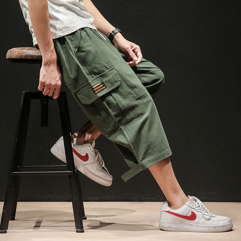 Summer New Japanese Plus Size Men's Sports Cropped Pants Velcro Casual Pants