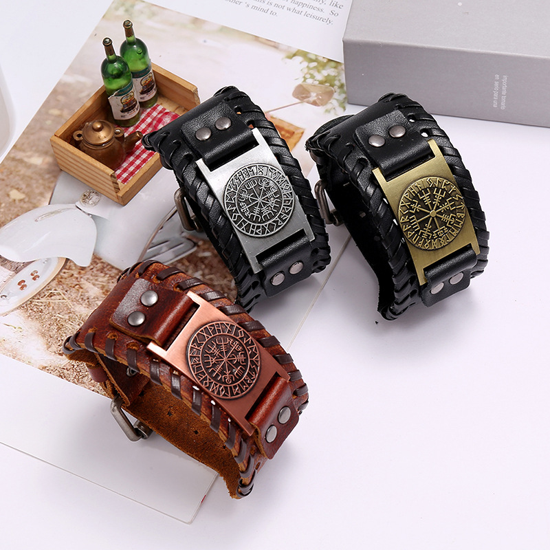 Grenz Überschreiten Der Neuer Schmuck Nordic Viking Pirate Rindsleder Armband Retro Gewebter Kompass Herren Leder Armband display picture 1