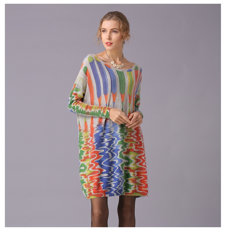 Autumn Winter Sweaters Loose Idle Pencil Print Pullover Mid Length Knitwear Women