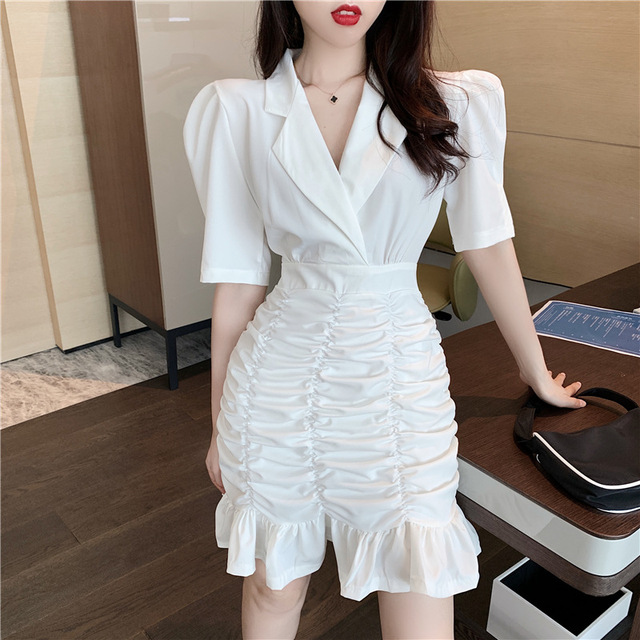 Temperament drape bubble sleeve slim pleated suit collar hip Ruffle Dress