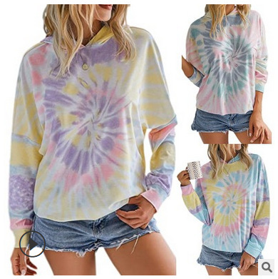 9616#2020 Amazon AliExpress Europe and America Women's wear tie-dyed printing Hooded Long sleeve Sweater