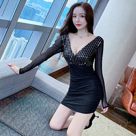 韩版女装新款深v领亮片显胸性感包臀裙短款气质修身连衣裙礼服