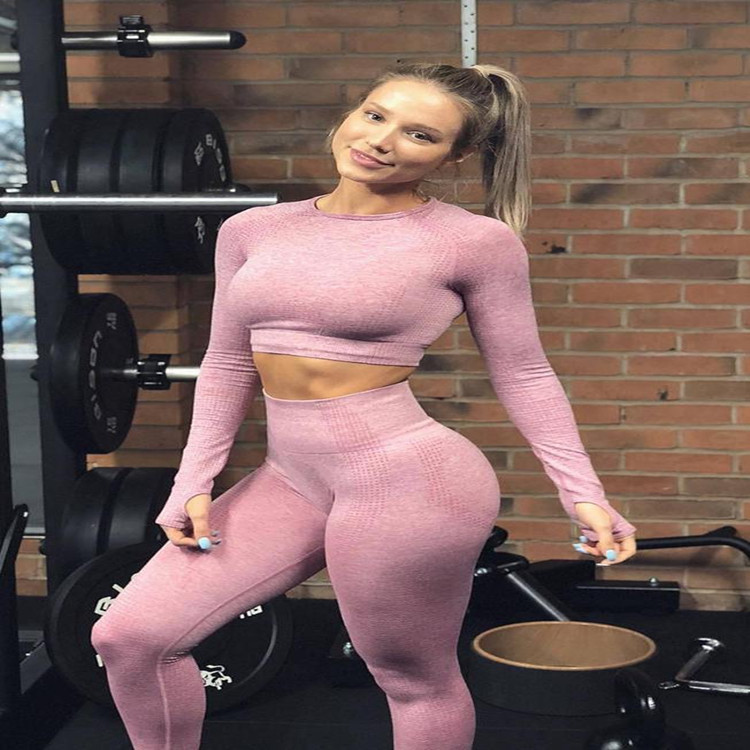 欧美新款点点瑜伽服套装女提花运动长袖健身跑步紧身九分裤瑜伽服