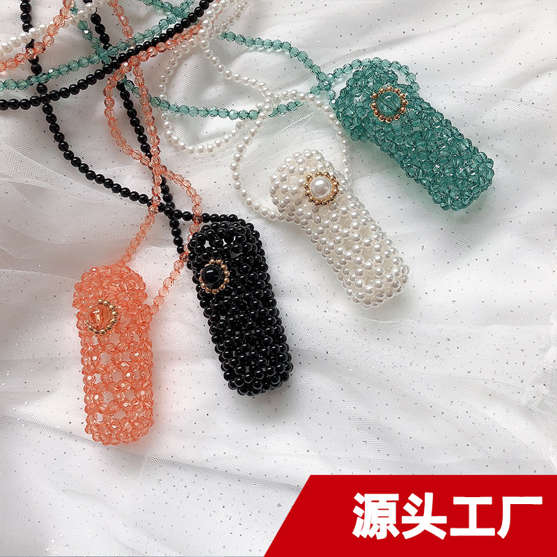 2021 New Handmade Beaded Lipstick Bag, Solid Color Women's Shoulder/Crossbody Bag, Stylish Mini Cylindrical Woven Bag