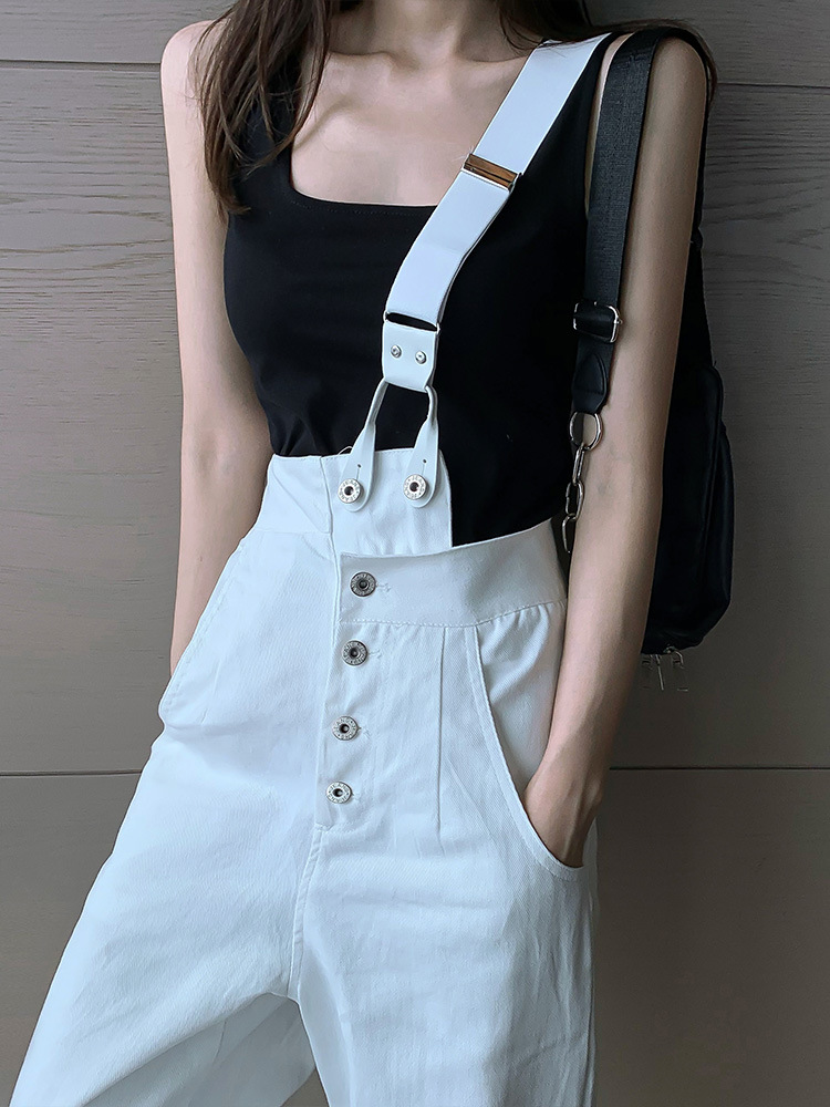 Net red white shoulder denim straps pants female Korean version of the loose straight hairs fashion 2021 summer thin arrow