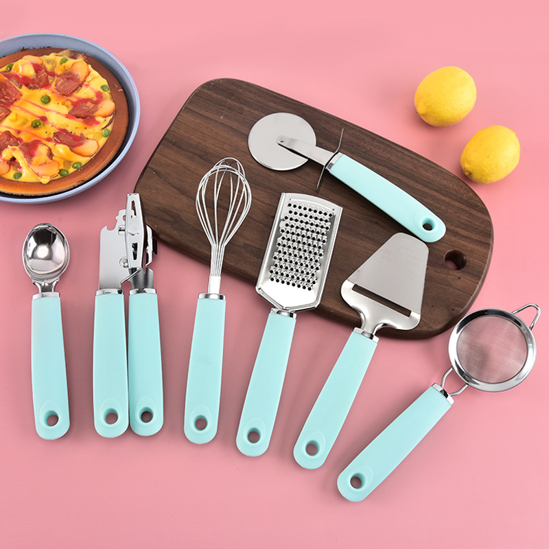 Factory Wholesale Can Opener Egg Beater Kitchen Gadgets 7 Piece Stainless Steel Pizza Cut Cheese Planer Set